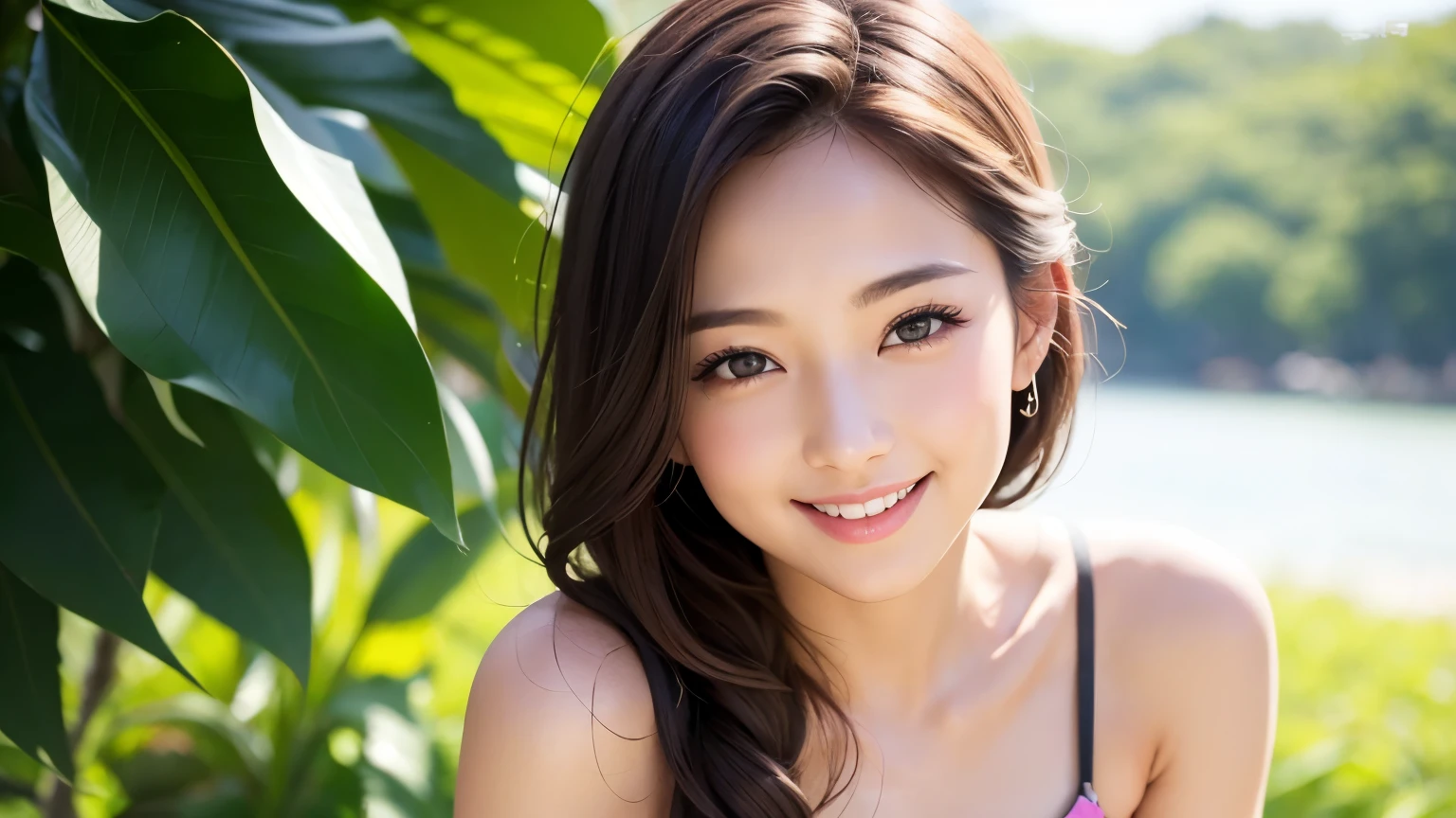 Summer TV commercial style, beautiful girl, smile, fair skin, beautiful skin, model pose, high quality, high definition