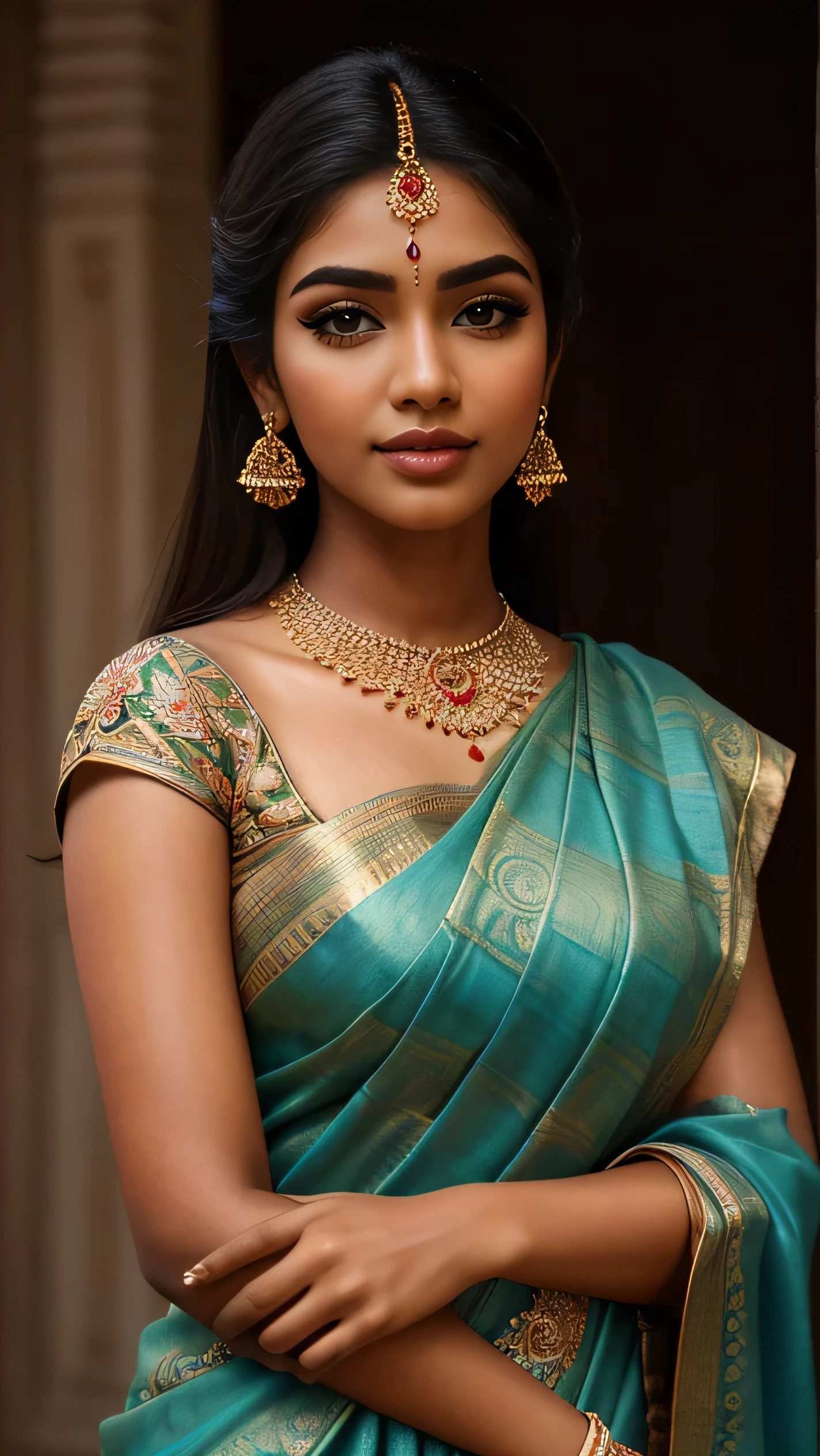 (high quality, masterpiece, HDR, 256K), (hyper-realistic, photorealism) 20 year old extremely beautiful Tamil girl, (intricate detailed extremely beautiful face, eyes, ears, nose, lips, textured skin), eyes symmetry (lips tightly closed). Full Body holding wrist. Wearing rose shudithar and thuppatta. Face close up. Straight Front View.