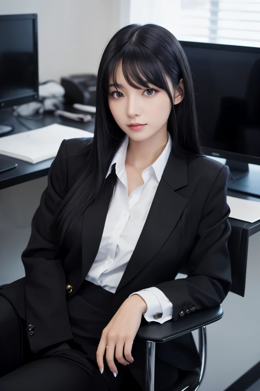 beautiful adult woman, (black hair:1.1), shiny hair, long hair,
straight hair, slant eyes, sharp eyes, sitting chair,
black jacket, computer, business suit, white shirt, at office