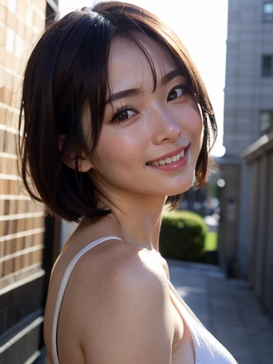 RAW Photos、masterpiece、Highest quality、Realistic、超High resolution、High resolution、16k wallpaper、Very detailed、The finer details、Cinema Lighting、In front of the tile wall in the park、18-year-old female、Realistic Skin、((Dark Eyes))、A shy smile、(Medium Short Hair)、Grey dress、Yoshitomo Nara, shikamimi, Chiho, mayuri shiina, A real young gravure idol, beast, , Kotegawa Yui, 8k、narumi kakinouchi