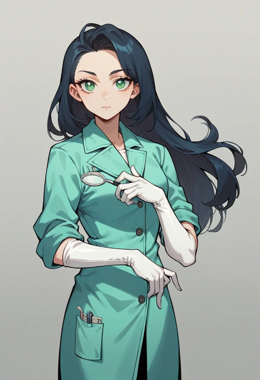 1younggirl, black long hair, green Slanted and small eyes, ((white elbow gloves)), ((surgical gloves)), ((latex gloves)), ((long sleeves)) ((blue surgeon outfit)), (doctor coat), looking at viewer with a kind face, ((surgeon girl)), standing, solo