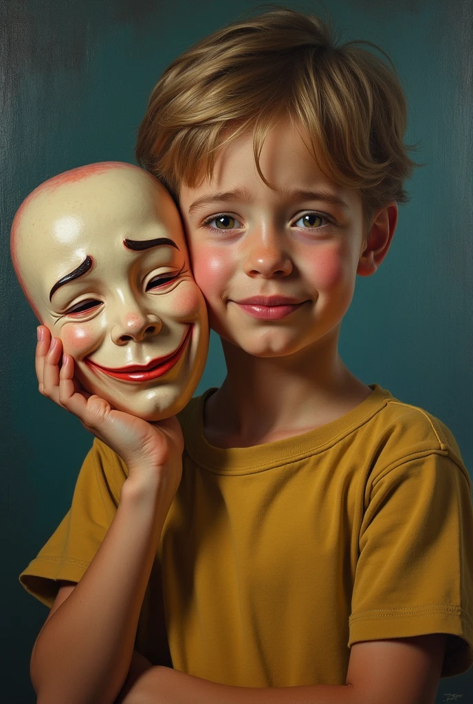 Painting of a boy holding a smiling mask beside his face and his face is crying 