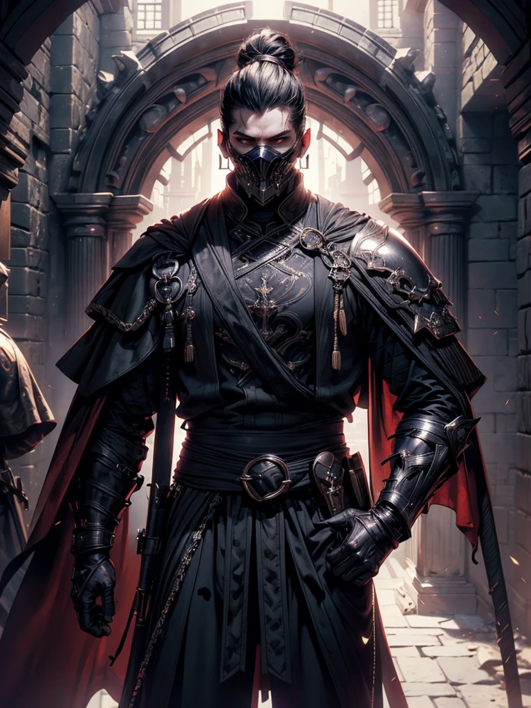 (masterpiece, high quality, cinematic lighting, backlighting, sharp colors)
Tall muscular young man, black hair tied in a bun, dark eyes, compact muscles. Face hidden by a full iron mask, expressionless. Wears medieval robe, leather shirt and pants, armor plates on vital areas. Dark crime scene background, shadowy atmosphere.