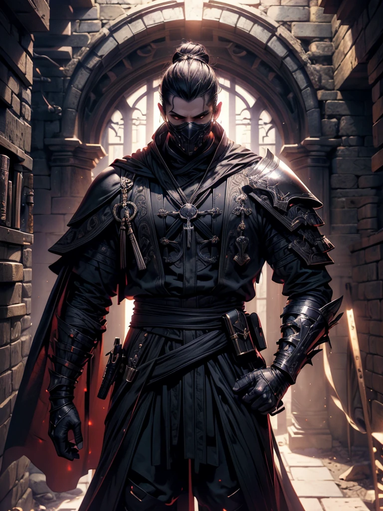 (masterpiece, high quality, cinematic lighting, backlighting, sharp colors)
Tall muscular young man, black hair tied in a bun, dark eyes, compact muscles. Face hidden by a full iron mask, expressionless. Wears medieval robe, leather shirt and pants, armor plates on vital areas. Dark crime scene background, shadowy atmosphere.