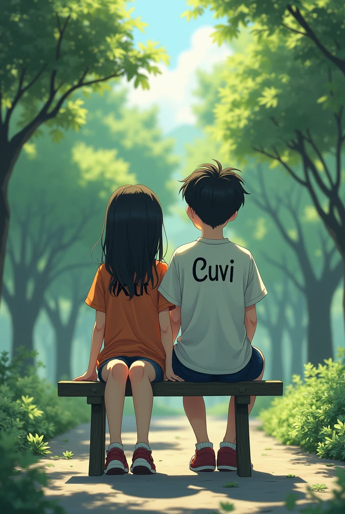 A 20-year-old girl and a boy are sitting on a chair in a park in Japan. The boy&#39;s shirt has Chamo written on it. The girl&#39;s shirt has Ruvi written on it.