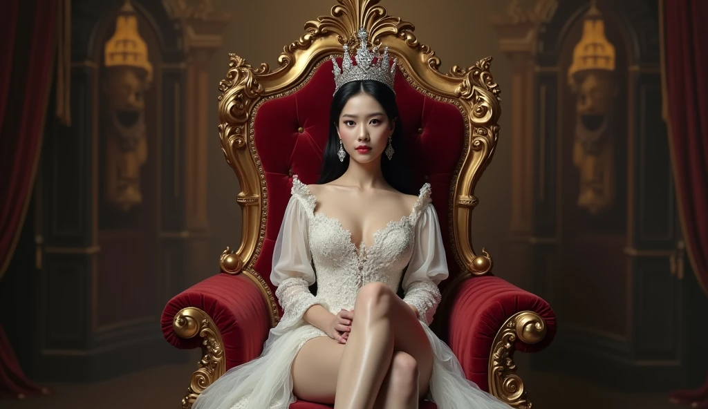 Queen, sit on the throne, legs apart,front view,Asian race, HD faces, white skin,full body, plump breasts,thin figure, sexy, clear details, HD, 16k