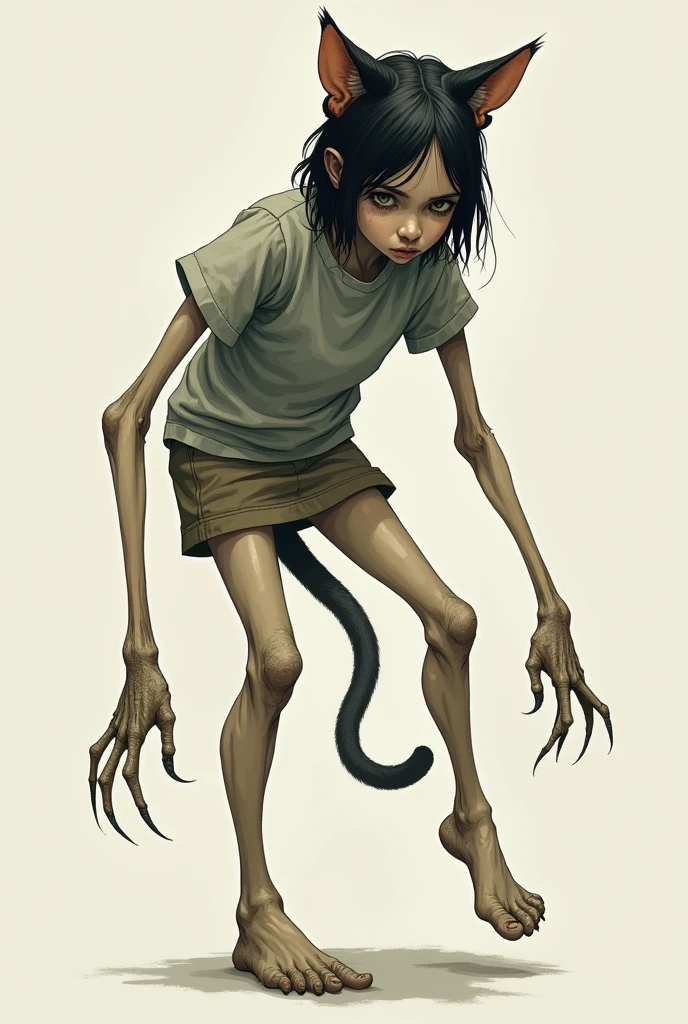 (Girl: 1.5)
(Feline features: 1.8)
(Age: 15)
(Clothing: minimal)
(View: side profile)
(Hair: black, straight)
(Pectorals: 1.8)
(Glutes: 1.8)
(Muscles: 1.8)
(Feline ears: 1.5)
(Feline tail: 1.8)
(Claws: 1.2)
(Skin tone: white)