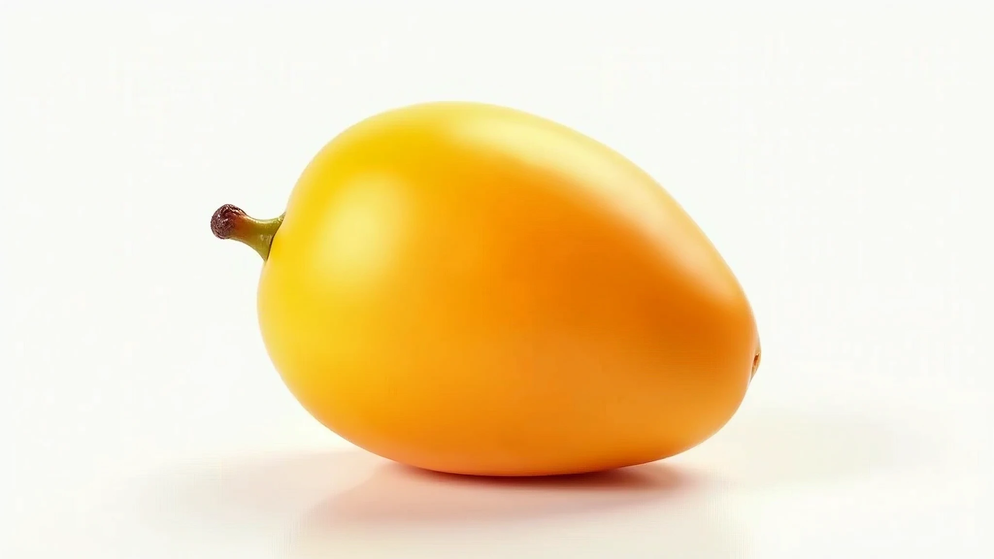 : A perfectly ripe mango with vibrant orange-yellow skin, placed on a seamless white background, showcasing its smooth texture. 8k