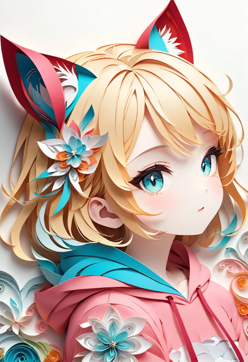 Paper cutting art,(Flat paper cutout,Paper Art,layered Paper Art,Paper Quilting, Digital Art),against a pure white background, girl,Blonde Hair Color、Cat ears of the same color as the hair、Turquoise Eyes、Pink short sleeve hoodie、(Attention to detail, masterpiece, Highest quality, Ultra-high resolution)