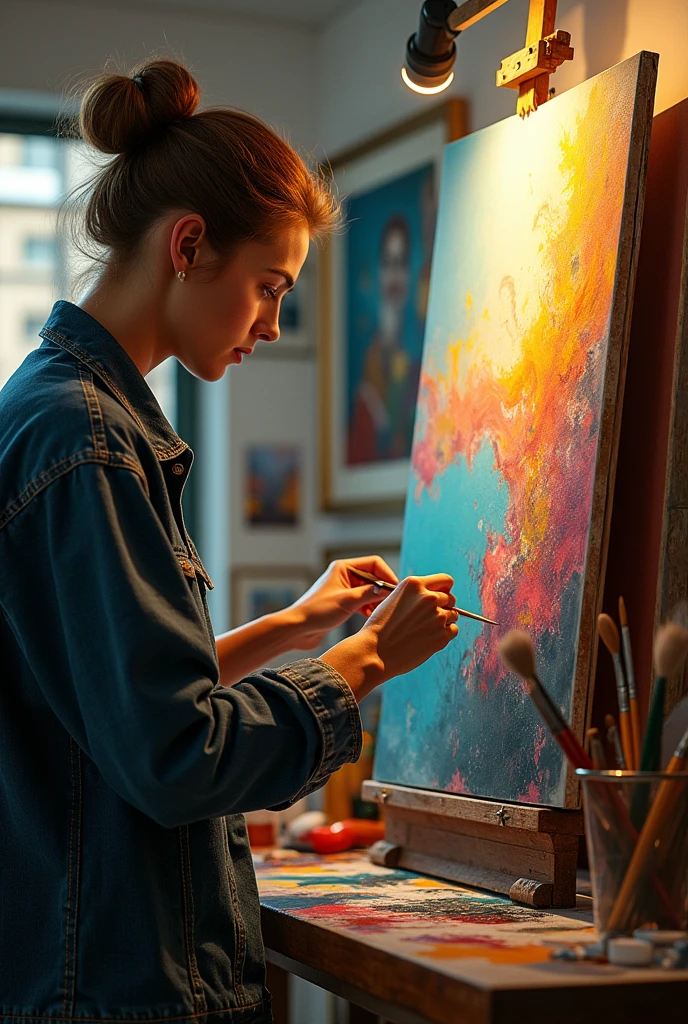 An artist passionately painting in a studio, followed by a shot of the artist's work on display in the gallery.