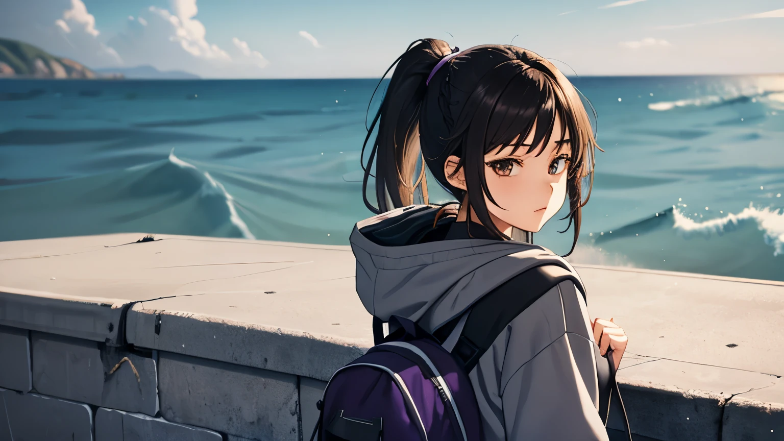 (Girl standing on breakwater, brunette, medium hair, ponytail, gray hoodie, black backpack, purple basketball shoes), (Upper body), (Road by the sea)