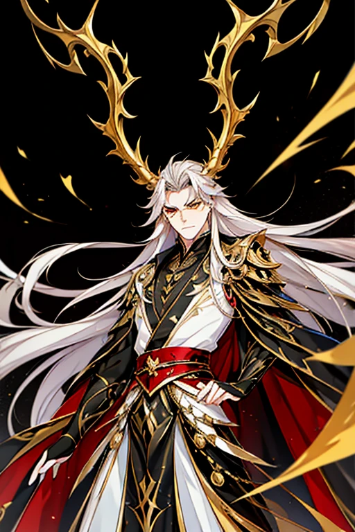 Perfect details, special details, top quality, handsome, domineering, serious, majestic, bad boy style, looking straight ahead. A man with long white hair, yellow eyes, broad shoulders, and a well-balanced, toned body from years of training. He is wearing a black shirt and a Hanfu with red dragon patterns and gold edges that highlight the aura of a leader, with two golden horns. He is standing while holding a sword. Best quality, 16K, masterpiece, with detailed face drawing, detailed eye drawing, detailed body drawing, complete with two arms and two legs (two arms:1.4, two legs:1.4).