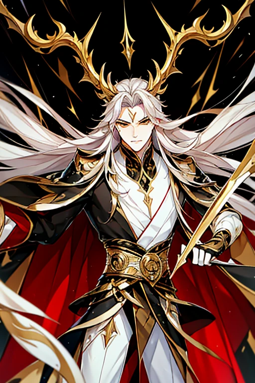 Perfect details, special details, top quality, handsome, domineering, serious, majestic, bad boy style, looking straight ahead. A man with long white hair, yellow eyes, broad shoulders, and a well-balanced, toned body from years of training. He is wearing a black shirt and a Hanfu with red dragon patterns and gold edges that highlight the aura of a leader, with two golden horns. He is standing while holding a sword. Best quality, 16K, masterpiece, with detailed face drawing, detailed eye drawing, detailed body drawing, complete with two arms and two legs (two arms:1.4, two legs:1.4).