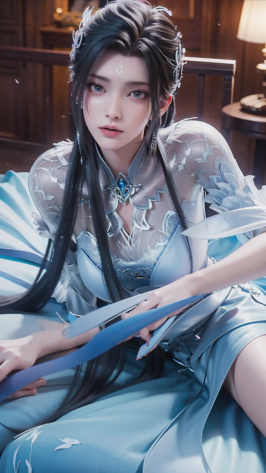 A beautiful young woman，Wearing pajamas，Lying on the bed，barefoot，Wearing a dress，Lie flat on your bed，Cross-legged，Full body shot，(Best picture quality，4K,8k，high-definition，excellent work:1.2)，Ultra Detail，Delicate eyes，Delicate lips，Extremely detailed face and eyes，Long eyelashes，Natural light，Warm colors，Soft Focus，Chiaroscuro，Deep scene