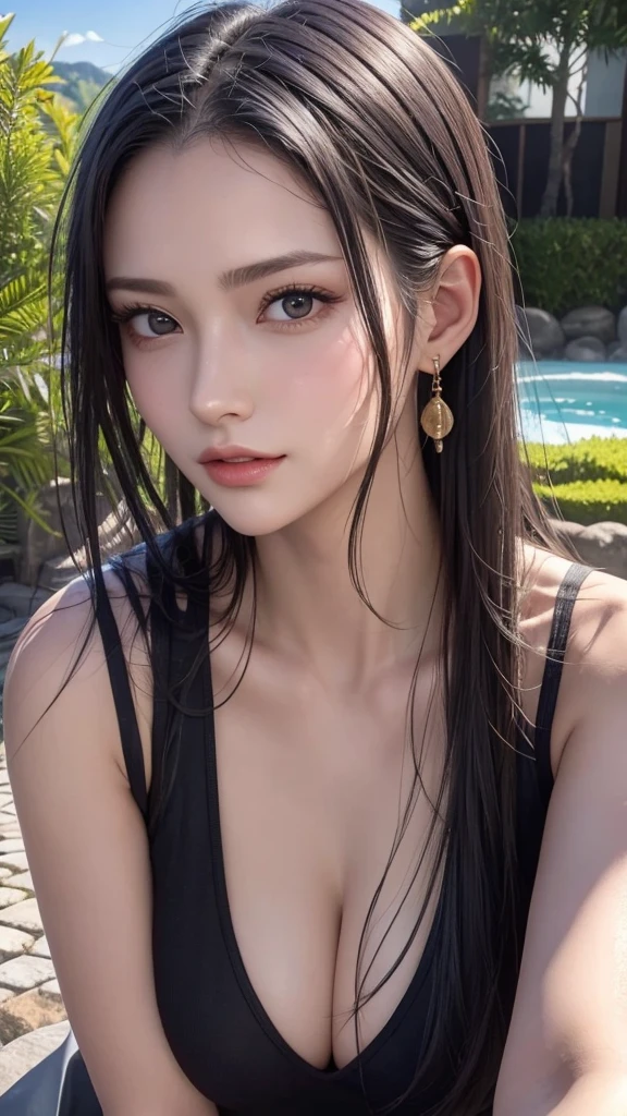 Highest quality, masterpiece, Ultra-high resolution, Supermodel soaks in Japanese hot springs, Outdoor hot spring, Stone hot spring, Moss and tree々Surrounded by, Super beautiful face, Pure Body, Pores are clearly visible, (smile:0.8), Wearing separates ,Large Breasts(G Cup)、Wet black hair、Wet medium bob hair、 (realism:1.5), Original photo, Wet body, Sweating all over the body, Exposing shoulders, In the Dark, Deep Shadow, Low posture, Cold Light