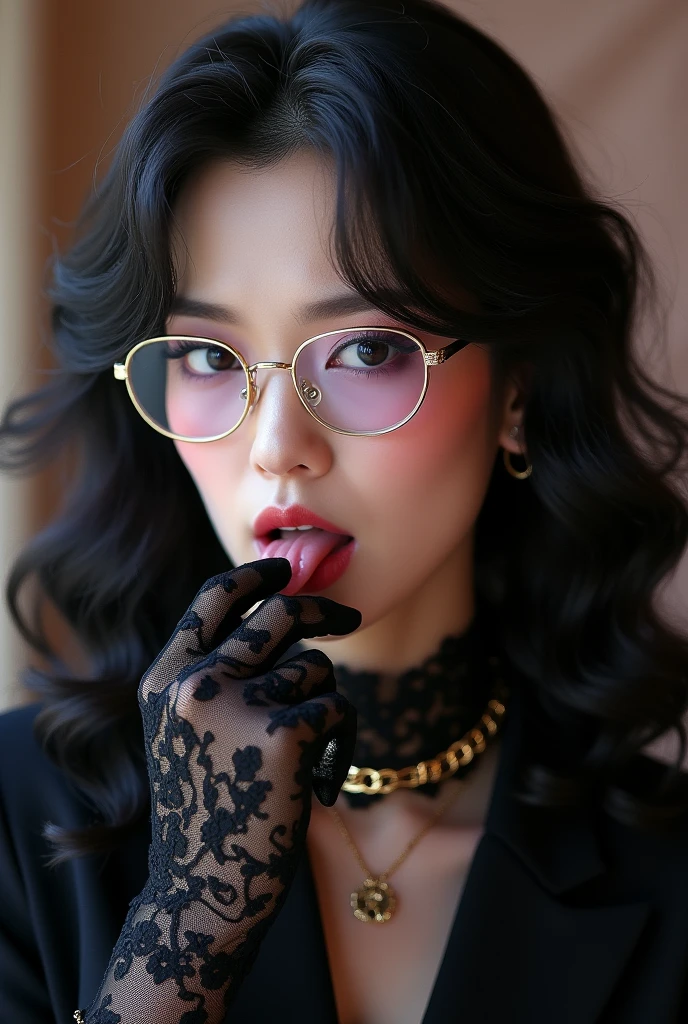 With long, curly black hair、Heavy makeup and purple eyeshadow、Dark eyeliner、Around her neck she wears a ribbon-shaped satin black and gold chain patterned scarf.、Wearing gold-rimmed glasses、Wearing long gloves made of black rose lace、A Japanese woman in her 50s, wearing a black suit with a lame stripe, is vulgarly licking her fingers.