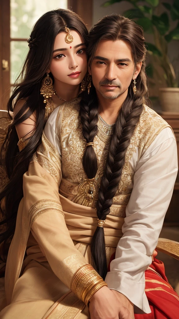A beautiful young woman with long, flowing hair in a braid, sitting on the lap of an older man, embracing him intimately. Highly detailed, photorealistic, masterpiece, 8k, ultra-detailed, realistic, vivid colors, dramatic lighting, romantic, intimate, sensual, elegant, oil painting,saree ,long jhumka earrings 