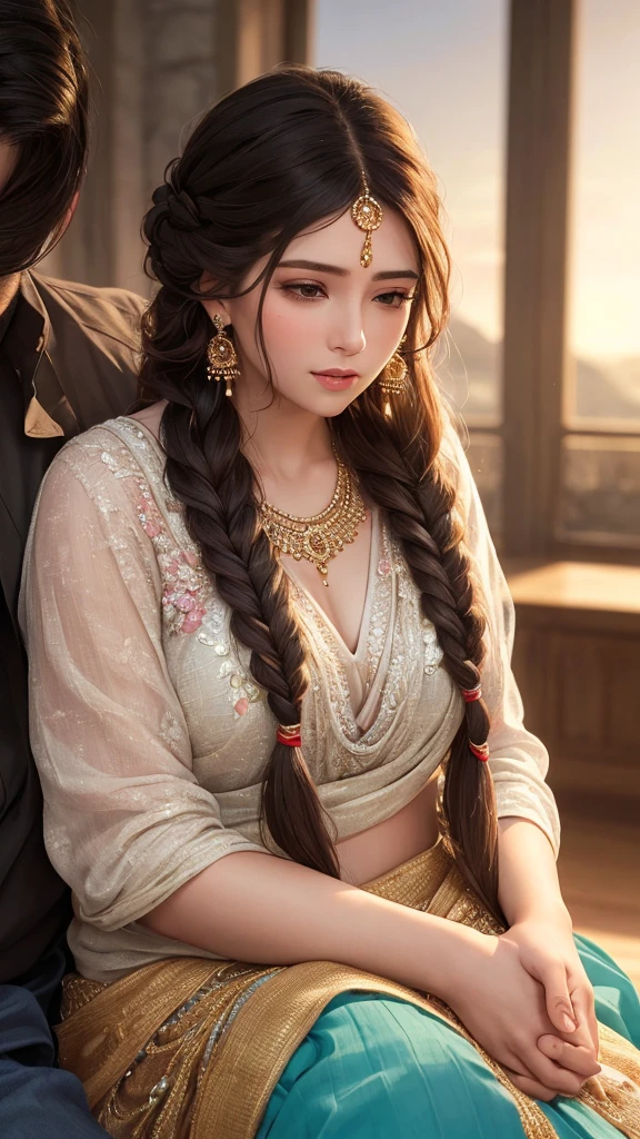 A beautiful young woman with long, flowing hair in a braid, sitting on the lap of an older man, embracing him intimately. Highly detailed, photorealistic, masterpiece, 8k, ultra-detailed, realistic, vivid colors, dramatic lighting, romantic, intimate, sensual, elegant, oil painting,saree ,long jhumka earrings 