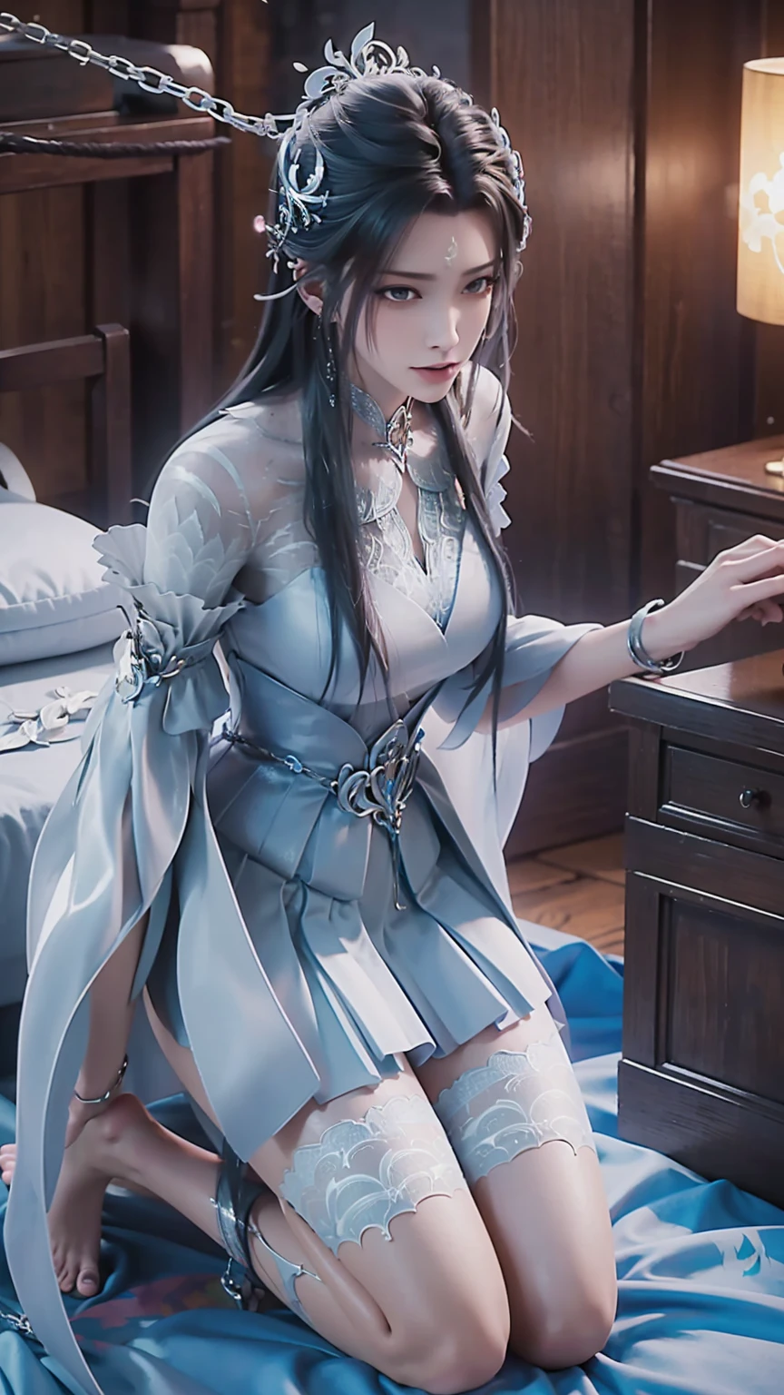 best quality，masterpiece，The Ultimate Solution，Fluffy，Extremely colorful，Mature beautiful woman，（Dress school uniform），Lace skirt，（Beautiful woman beheaded），Normal posture，（Kneeling），Kneeling on the bed，shackles，Beheading，collar，White stockings ，barefoot，Normal posture