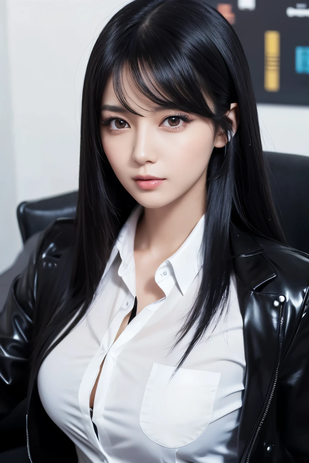 beautiful adult woman, (black hair:1.1), shiny hair, long hair, straight hair, slant eyes, sharp eyes, sitting chair, black jacket, computer, business suit, white shirt, at office, frontal face