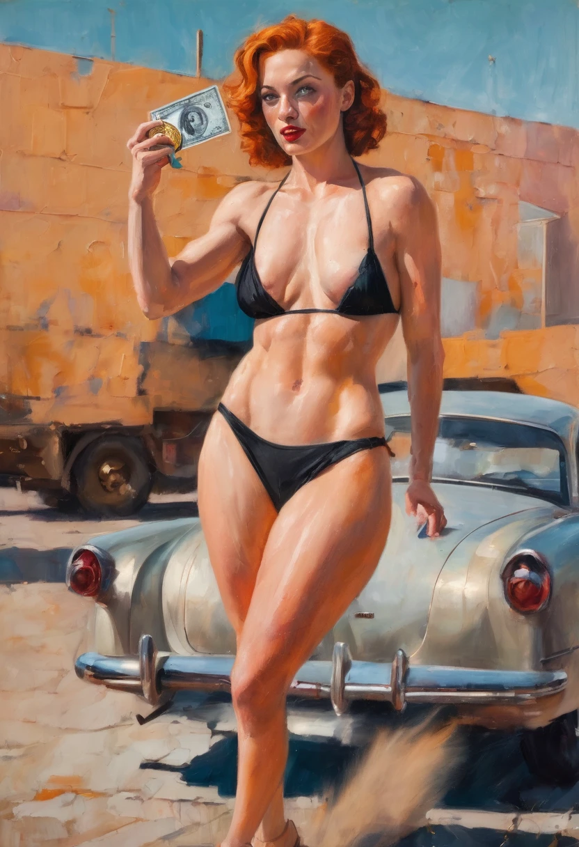 Pulp vibes, gouche and pastel textures , paint, realistic, masterwork, set in the 1940s. Depict a kinda of messy, side swept, ginger hair, modern beauty standards beautiful muscular italian woman holding a shiny bitcoin, hook nose, short-medium black hair, wearing bikini , ,white background,