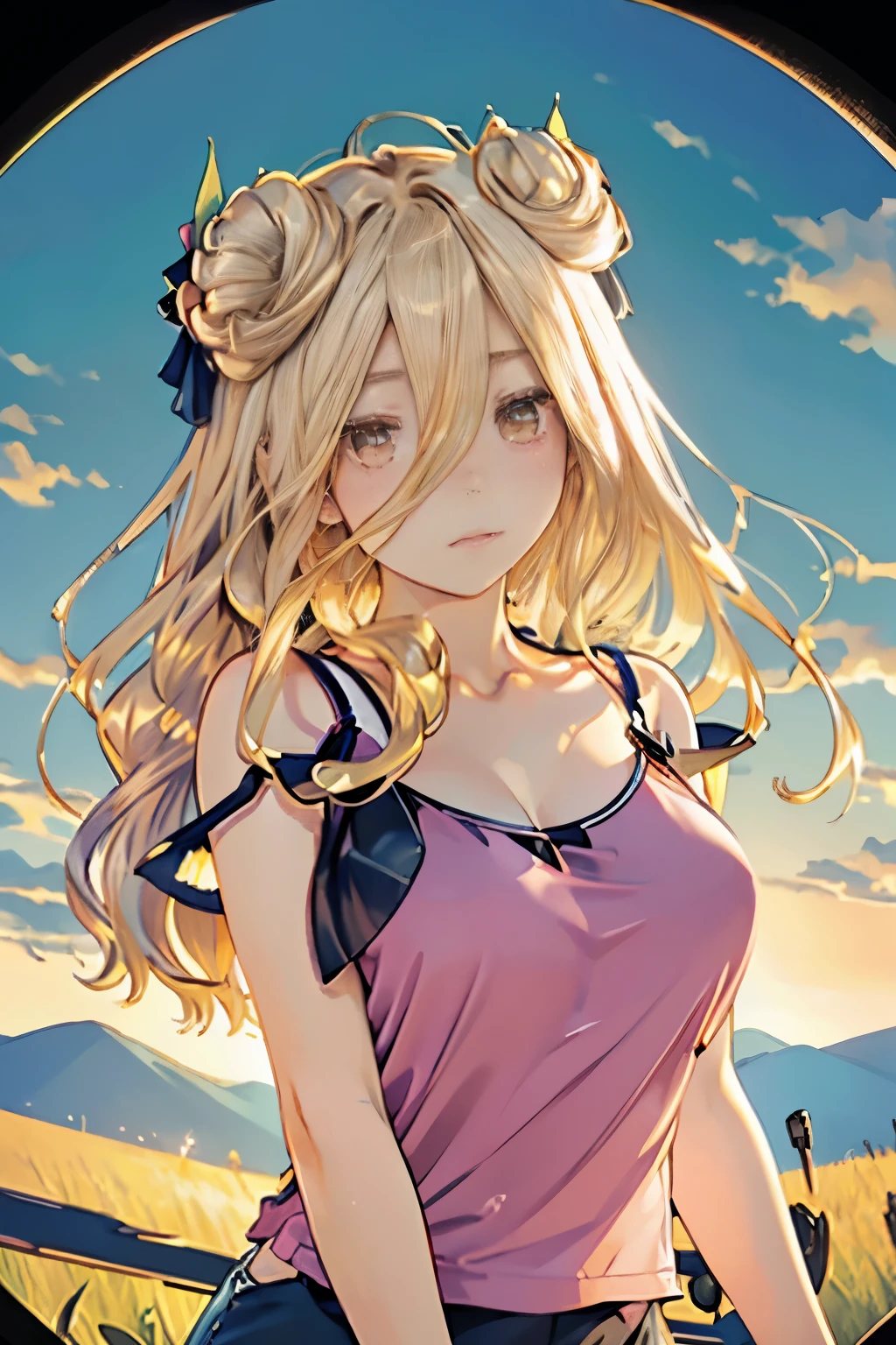 masterpiece，High resolution，Highest quality，In the grassland, (Portrait), Upper body photo, Butterfly Hair Ornament、Cute Face，((Facing forward))、Blonde、((Shooting from the front:1.5)), ((Tight camisole:1.5)), ((Big Breasts:1.3)), See-through nipples