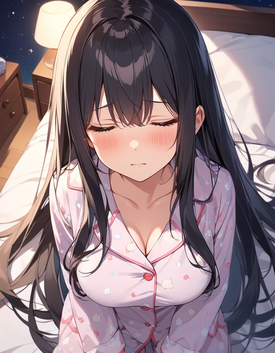 Girl,cute,cute,From above,Chest to head,Look up here,Embarrassed,Straight Hair,Long Hair,Black Hair,big breast photos,looking at the camera,Sleepy look,sleep,Bedroom,night,Starry Sky,pajamas
