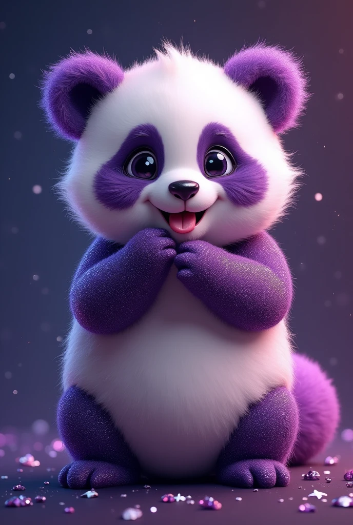 Cute and fluffy chubby purple glitter babypanda, tongue out, galaxy background