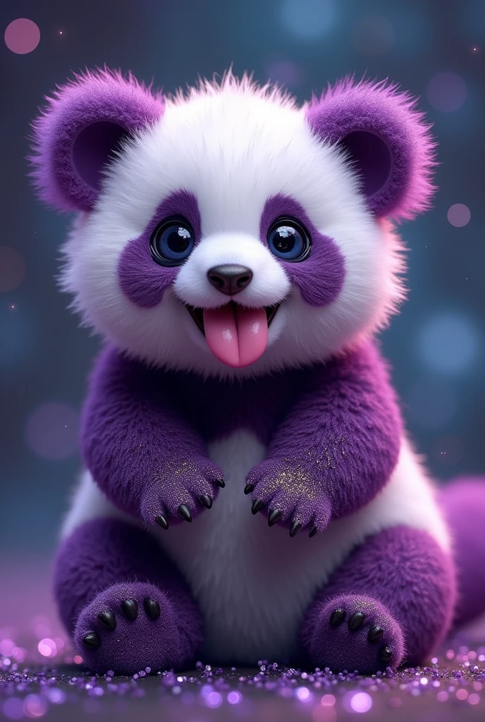 Cute and fluffy chubby purple glitter babypanda, tongue out, galaxy background 