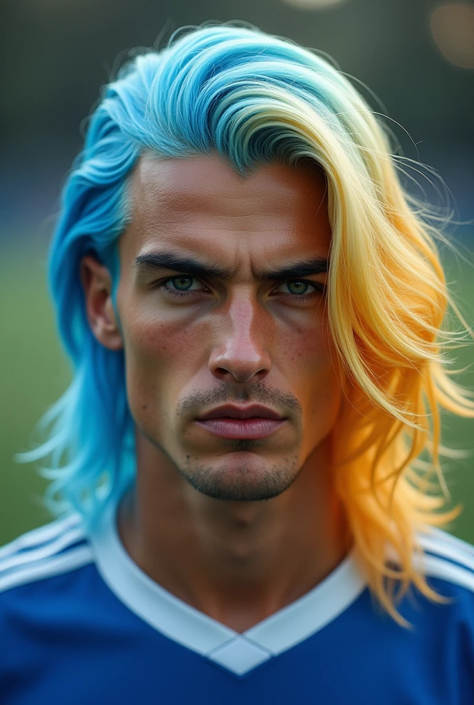 1men,blonde hair, [(gradient hair from blue to blonde:1.4):0.4], footballar,slant eyes,long hair