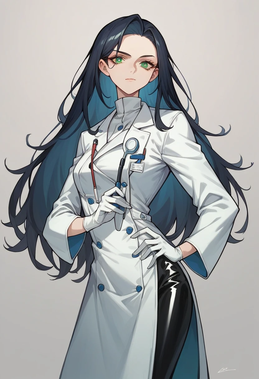 unggirl, black long hair, green Slanted and small eyes, ((white elbow gloves)), ((surgical gloves)), ((latex gloves)), ((long sleeves)) ((blue surgeon outfit)), (doctor coat), looking at viewer with a kind face, ((surgeon girl)), standing, solo