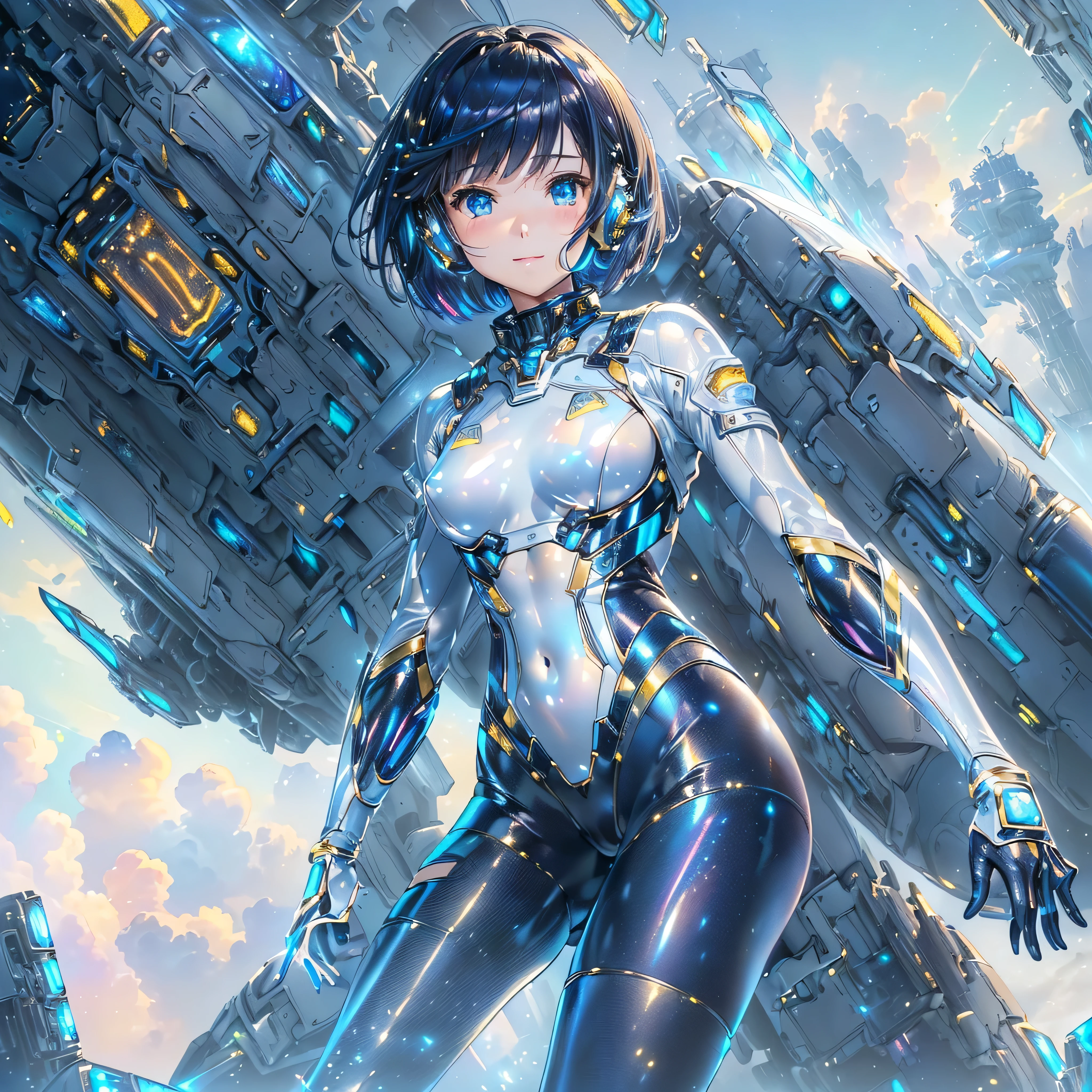 ((Holographic glow effect)),(masterpiece、Highest quality、Highest Resolution、Clear_image、Detailed details、Angle from above): (Whole body、One 20 year old girl、Japanese Faces、Small Face、Slender、Navy blue super short bob cut hair、(Hidden small breasts:1.3)、Sparkling blue eyes、Shiny pilot suit in blue and black colors、Chest protection armor、Tight fitting clothes、Clothing that covers the whole body、Glamorous clothes、Tight Fit Pants、Hide your skin、Very delicate and beautiful、Detailed Skin、hide thighs、Hide your ass、Cute、A gentle smile、Soft expression、heroine、headset、Knee-high boots、Elbow-length gloves、Eye Level Shot、Face directly、Woman on a spaceship)