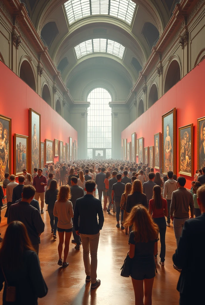 The camera zooms out to reveal the full gallery, bustling with people.