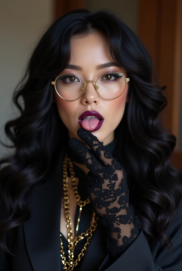 With long, curly black hair、Heavy makeup and purple eyeshadow、Around her neck she wears a black satin ribbon scarf with a gold chain pattern.、Wearing gold-rimmed glasses、Wearing long gloves made of black rose lace、An adult Japanese woman in a suit is licking her fingers with her tongue