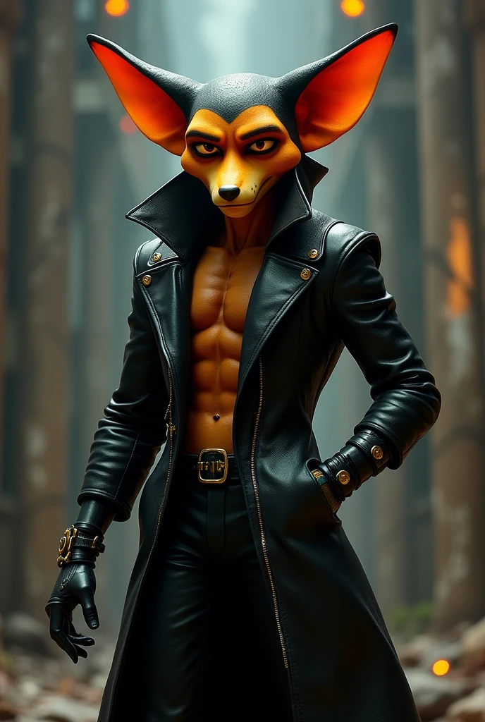 spawn Ratchet from Ratchet and Clank in a long black leather coat with no shirt under the coat