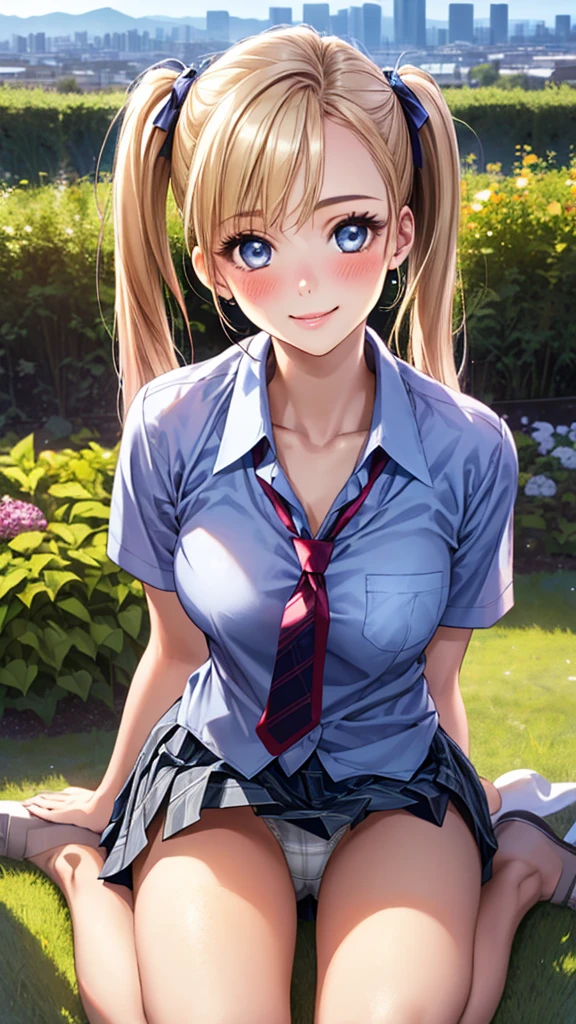 (masterpiece:1.3, Highest quality, Ultra-high resolution, Super detailed), (Realistic:1.1, photoRealistic:1.4), Beautiful illustrations, Perfect lighting, colorful, Depth of written boundary,
Beautiful detailed hair, Beautifully detailed face, Beautiful attention to detail, Beautiful clavicle, Beautiful body, Beautiful breasts, Beautiful thighs, Beautiful feet, Beautiful fingers,
View your viewers, 1 girl, Japanese, high school girl, Perfect Face, (Perfect Anatomy, Anatomically correct), Cute and symmetrical face, Baby Face, Sunburn, Glowing Skin,
(Mid-length hair:1.5, Twin tails:1.2, Blonde), Asymmetrical bangs, blue eyes, Long eyelashes, (Medium chest), thin,
((Collared short-sleeved shirt, Light blue shirt, school uniform, Grey plaid pleated skirt, Navy tie)), Light blue panties,
(Beautiful views), evening, (garden, Grass, distant cityscape), wariza, ((Double Peace)), (Cute smile, Upward glance),