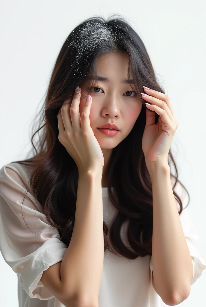 Create an Asian long-haired beauty,Dress conservatively,Scratching the scalp with both hands,There is a lot of dandruff on the top of the head,White fine dandruff on the top of the head,The expression is unhappy,The characters are realistic and realistic,Pure white background,9:16 frames,Ultra-high-definition picture quality