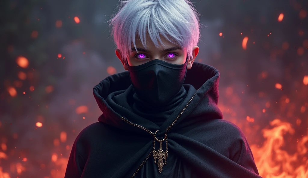 dark lord, a teenager medieval boy with white hair and purple eyes, Dark wizard, A boy wearing a black long cloak, a dark mask that covers the face, fire aura, full body