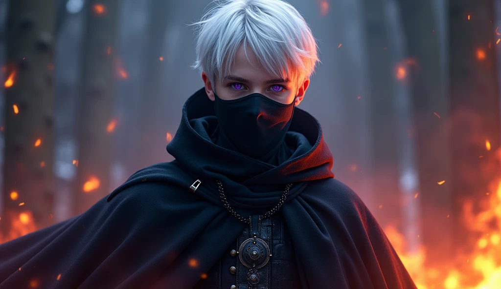 dark lord, a teenager medieval boy with white hair and purple eyes, Dark wizard, A boy wearing a black long cloak, a dark mask that covers the face, fire aura, full body