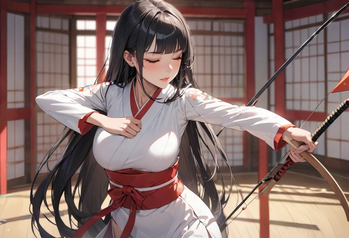 (((Kyudo style))), (left hand holding a japanese long bow, Push forward left hand with japanese long bow), (solo:2, 15 yo) (detailed beautifu blunt bangs:1.3) (beautiful sexy black hair very long hair) (beautiful shrine maiden girl) (detailed sexy closed eyes) (serious face, glossy lip) (medium tits), break, in a white Kyudo uniform, break, in the japanese Archery range, BREAK, perfect anatomy, masterpiece, best quality, 16k, beautiful detailed grow, daydreaming expression.