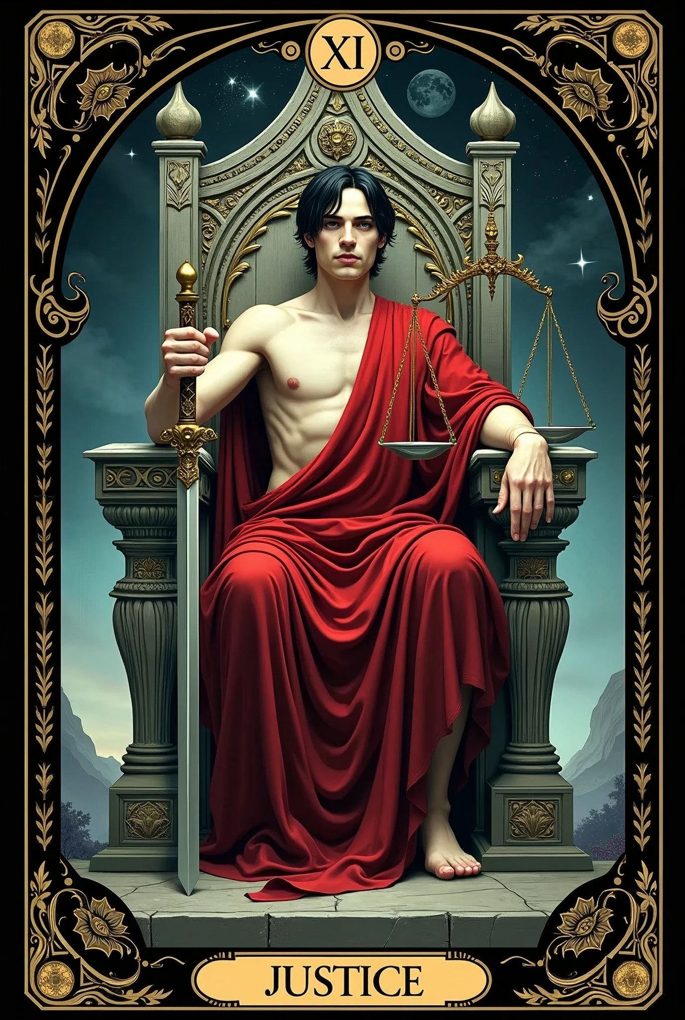 a card, intricate detailed tarot card illustration, gothic style tarot card, tarot card justice card, card header with text "XI", card footer with text "JUSTICE", text font style medieval, celestial elements, 1man, pale white skin, black short hair jury, red tunic, holding sword in one hand other hand holding weighbridge, sitting in a stone throne, gothic ornate, soft focus, cinematic lighting, dramatic shadows, vivid colors, rich color palette, mystical landscape, black gothic pattern