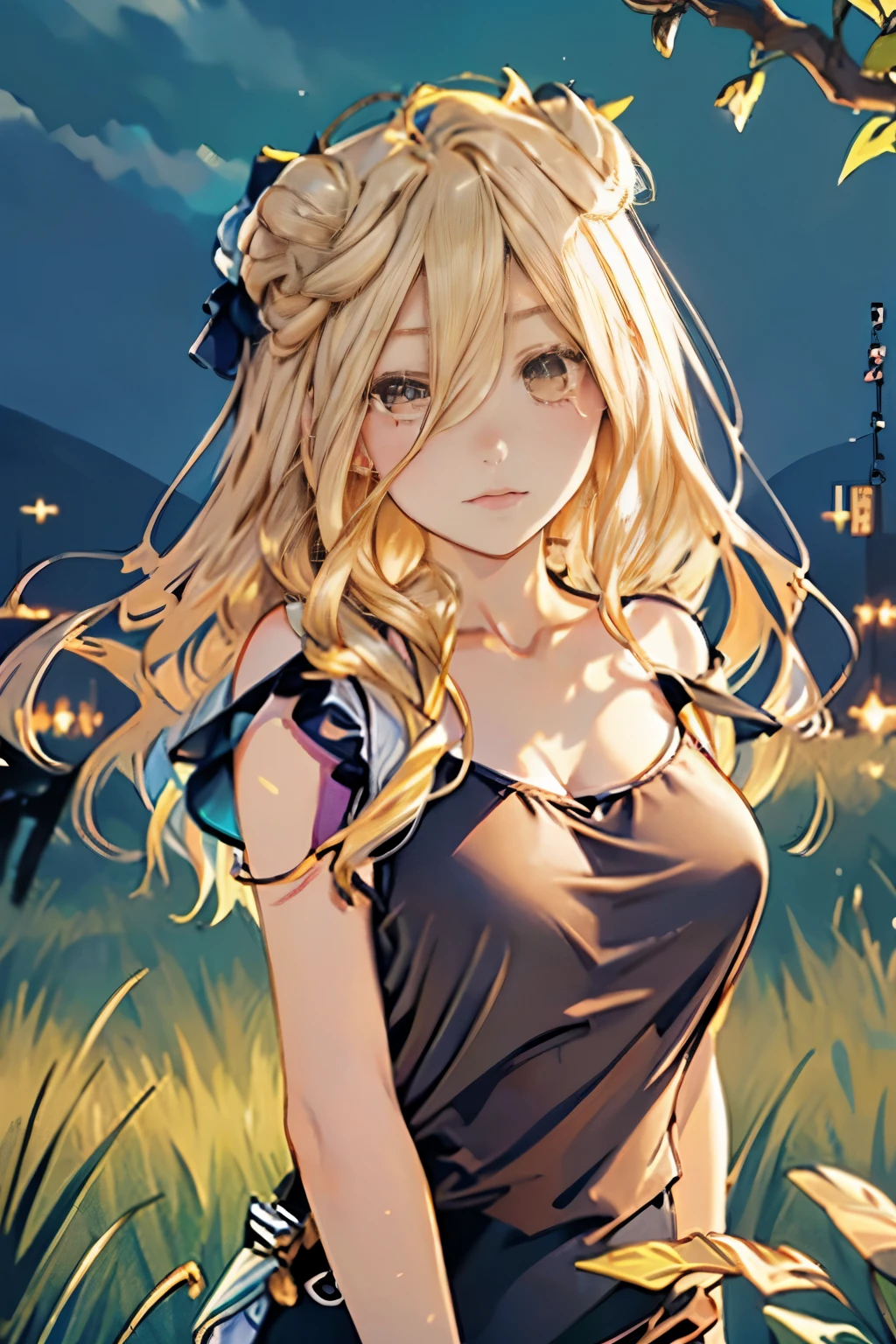 masterpiece，High resolution，Highest quality，In the grassland, (Portrait), Upper body photo, Butterfly Hair Ornament、Cute Face，((Facing forward))、Blonde、((Shooting from the front:1.5)), ((Tight camisole:1.5)), ((Big Breasts:1.3)), See-through nipples