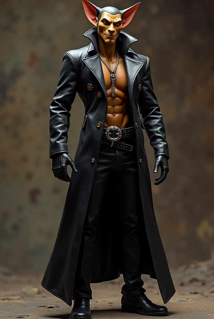 spawn Ratchet from Ratchet and Clank in a long black leather coat with no shirt under the coat