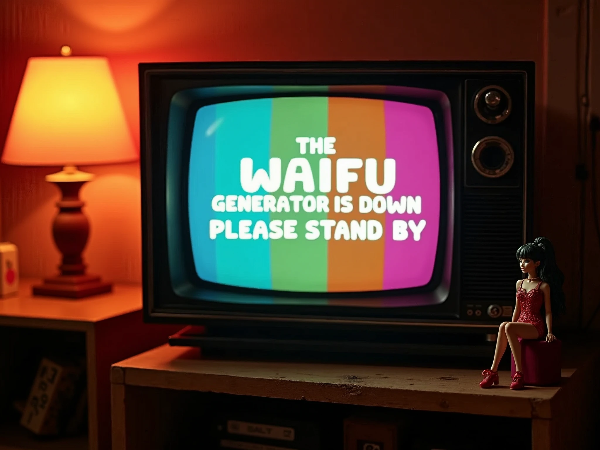Warmly lit, retro-themed room with a vintage television set as the centerpiece, displaying a colorful screen with the phrase "THE WAIFU GENERATOR IS DOWN PLEASE STAND BY" in bold, white, retro-futuristic font, reminiscent of 80s and 90s analog broadcasts, old CRT screens, and VHS tapes, blended with a hint of Japanese anime and manga aesthetic. To the right of the television, a small, intricately detailed, female Japanese action figure, styled after the likes of anime and manga characters, sits serenely on a weathered, wooden shelf, evoking the nostalgic feel of collectible figurines and merchandise. Inspired by the cinematic lighting of legendary photographers, the atmosphere is set with a dimly lit, yet sharply focused, analog photo aesthetic, imbuing the scene with a sense of retro nostalgia, as if shot on high-quality, grainy film, with a hint of cyberpunk vibes, atmospheric and moody.