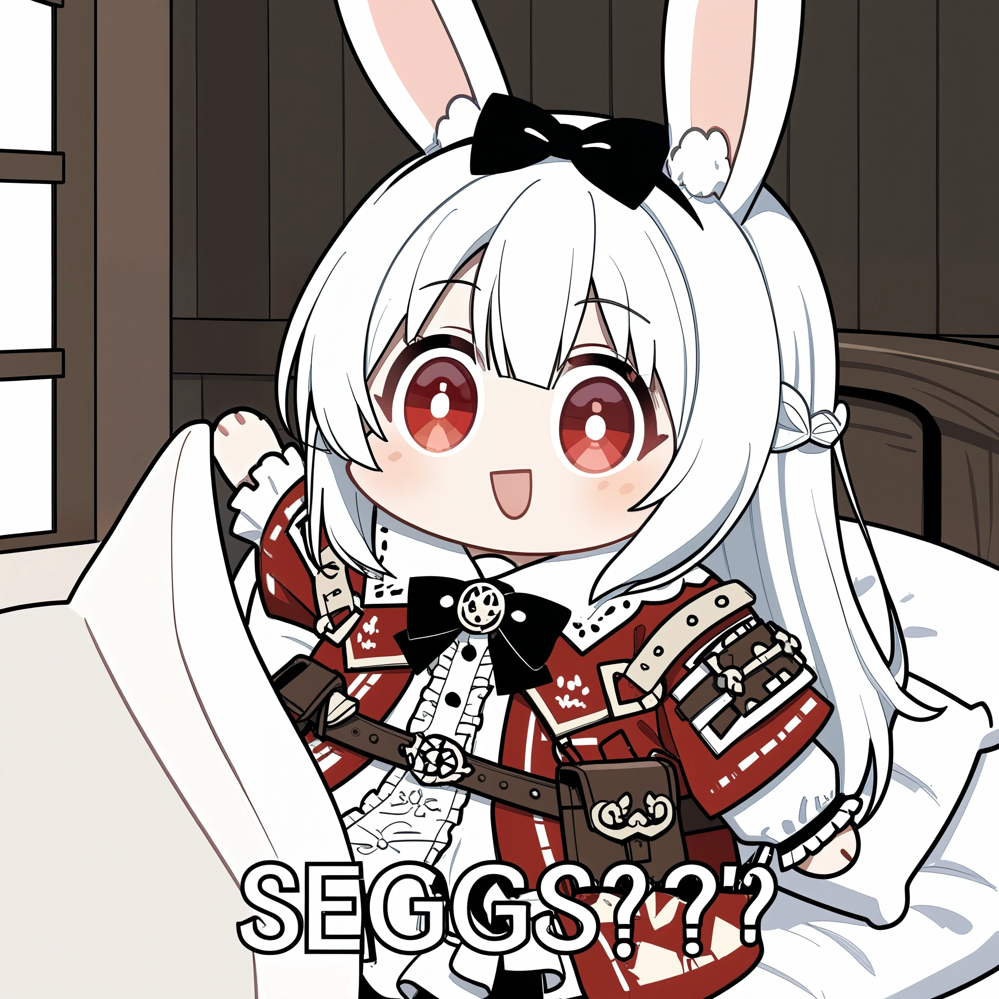 score_9, score_8_up, score_7_up, score_6_up, score_5_up, score_4_up, source_anime,source_furry,rating_safe,rating_questionable,masterpiece, best quality, perfect anatomy , very aesthetic , absurdres, Seggs, chibi, open mouth, smile, (english large text says "SEGGS???"),1girl\(2.5D,cute,kawaii,small ???,white hair:1.4,(long hair),(rabbit ear),white long dress with frill,red eyes,big eyes,skin color white,big black hairbow,\), inside neat cute wooden house,close-up of text