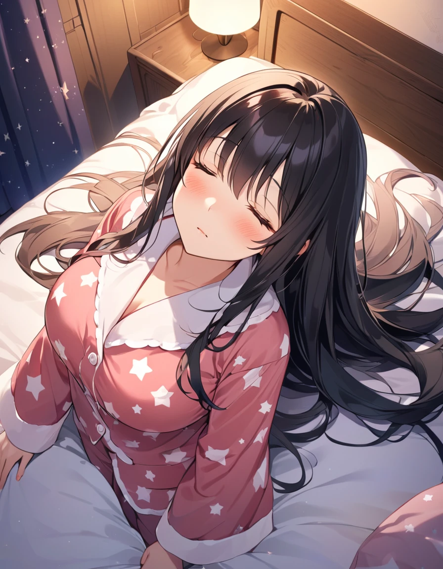 Girl,cute,cute,From above,Chest to head,Look up here,Embarrassed,Straight Hair,Long Hair,Black Hair,big breast photos,looking at the camera,Sleepy look,sleep,Bedroom,night,Starry Sky,pajamas