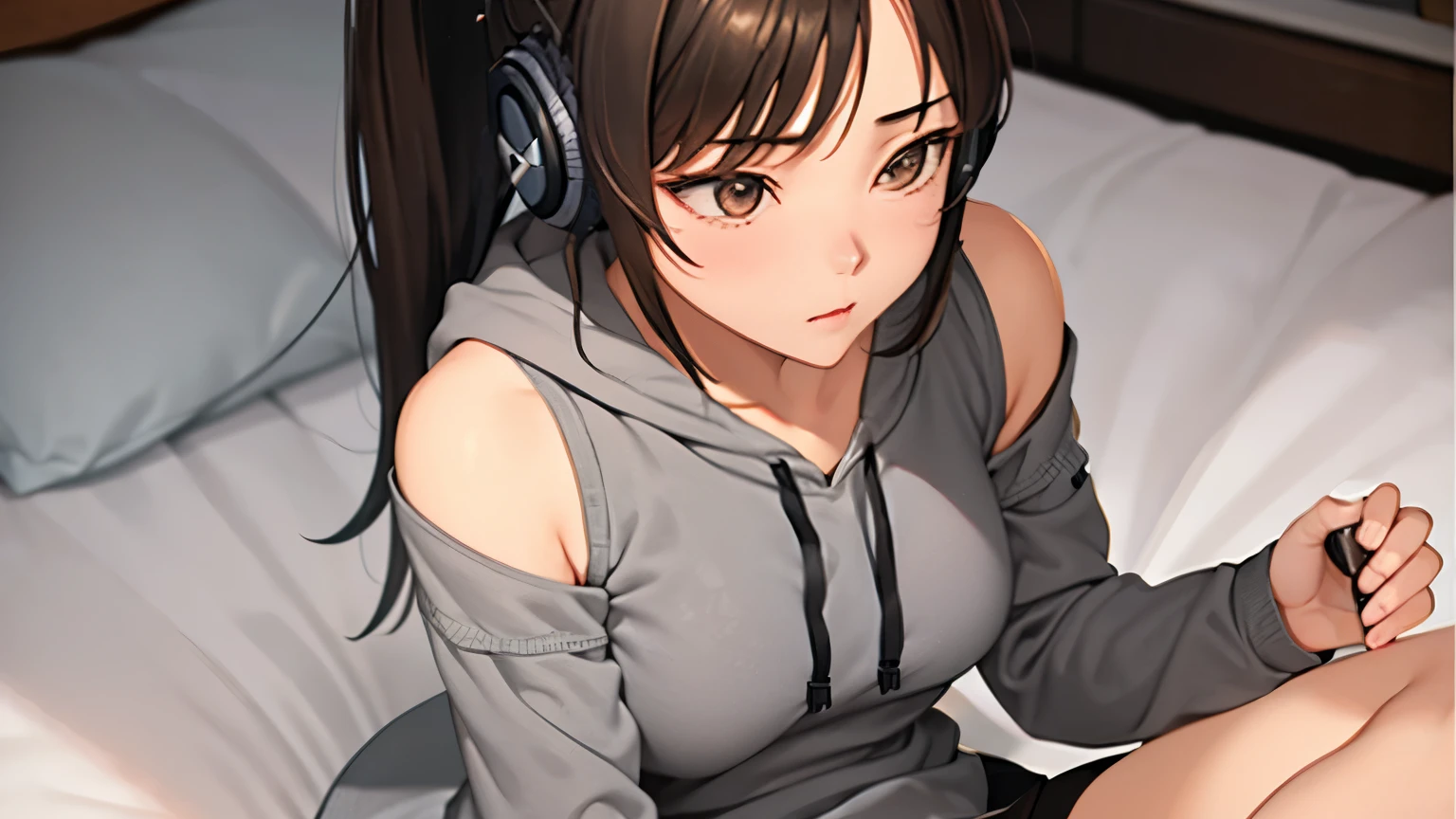 (Girl sitting on bed, brunette, medium hair, ponytail, grey hoodie, long sleeves, miniskirt,), (drinking coffee, listening to music on headphones, watching the rain fall)