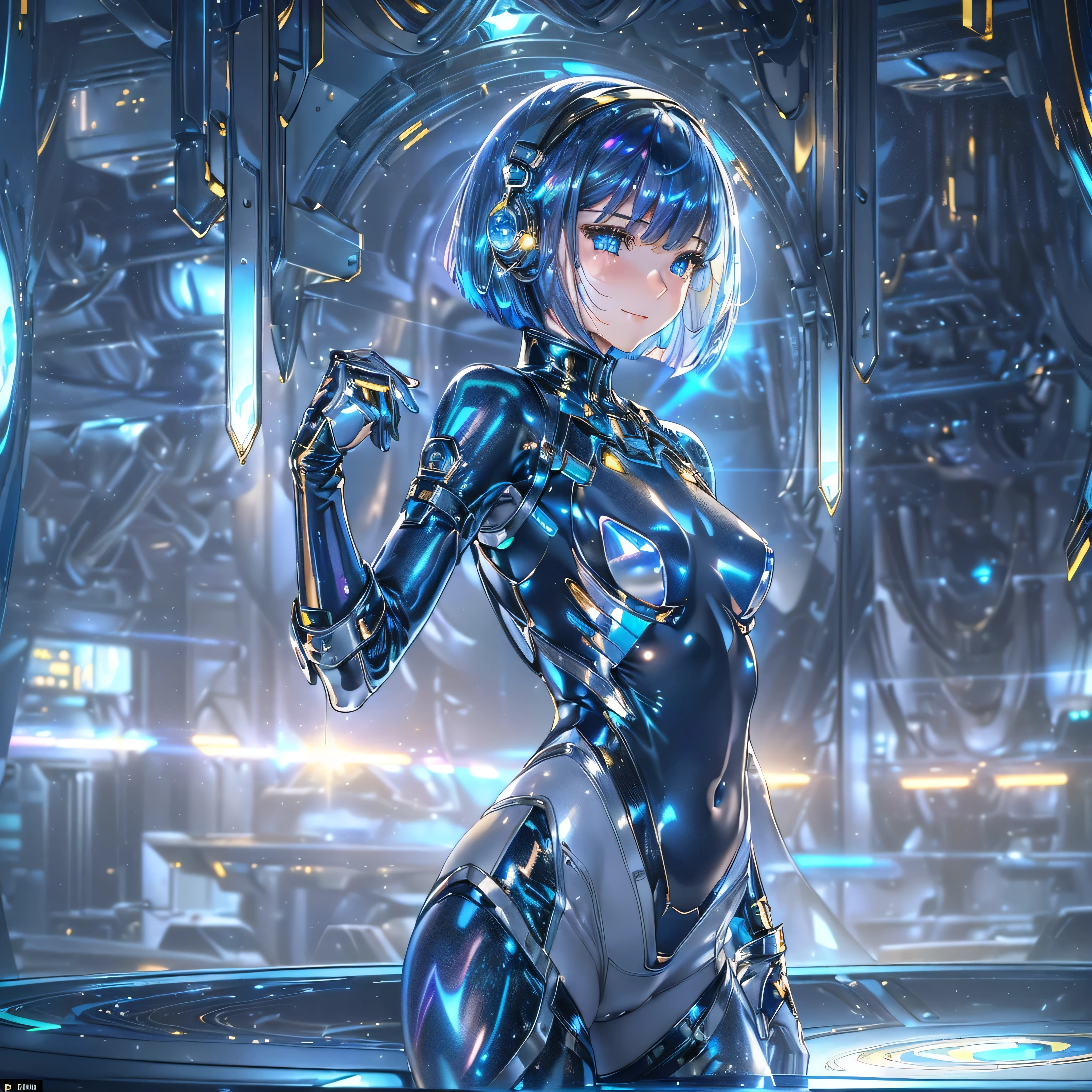 ((Holographic glow effect)),(masterpiece、Highest quality、Highest Resolution、Clear_image、Detailed details、Angle from above): (Whole body、One 20 year old girl、Japanese Faces、Small Face、Slender、Navy blue super short bob cut hair、(Hidden small breasts:1.3)、Sparkling blue eyes、Shiny pilot suit in blue and black colors、Chest protection armor、Tight fitting clothes、Clothing that covers the whole body、Glamorous clothes、Tight Fit Pants、Hide your skin、Very delicate and beautiful、Detailed Skin、hide thighs、Hide your ass、Cute、A gentle smile、Soft expression、heroine、headset、Knee-high boots、Elbow-length gloves、Eye Level Shot、Face directly、Woman on a spaceship)