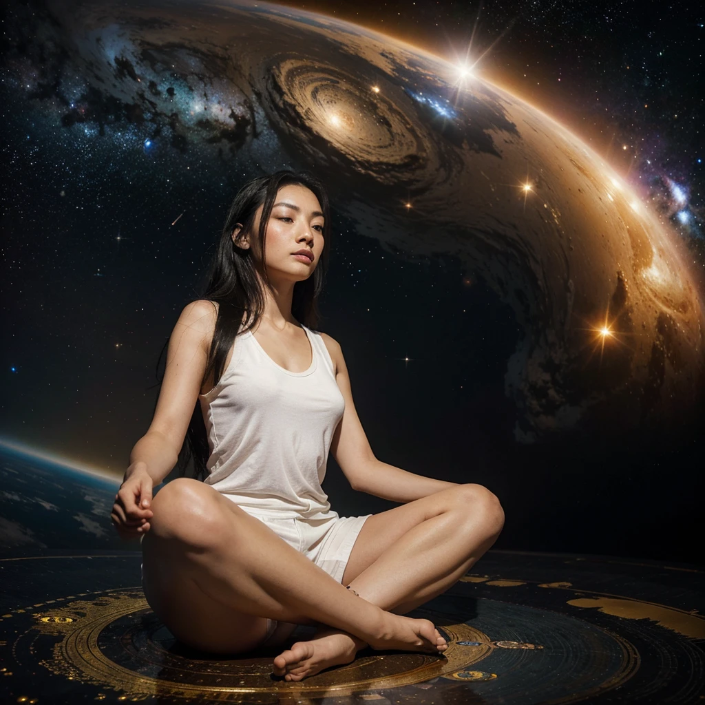 Create an image that represents spiritual governance, self-control, and harmony with the universe. The perspective should be from a low angle, depicting a full-body view of a young Thai-Chinese woman meditating in space. She has long, tousled black hair, is barefoot, and wears a sleeveless white top paired with denim shorts. The background should feature a vibrant cosmic scene, with a wall covered in a lively universe of gold, purple, and orange hues. The image should convey themes of philosophy, enlightenment, and spiritual awakening.