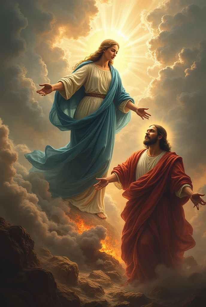 An epic, creative scene of Virgin Mary defeating the devil, with Jesus looking on at them smiling.